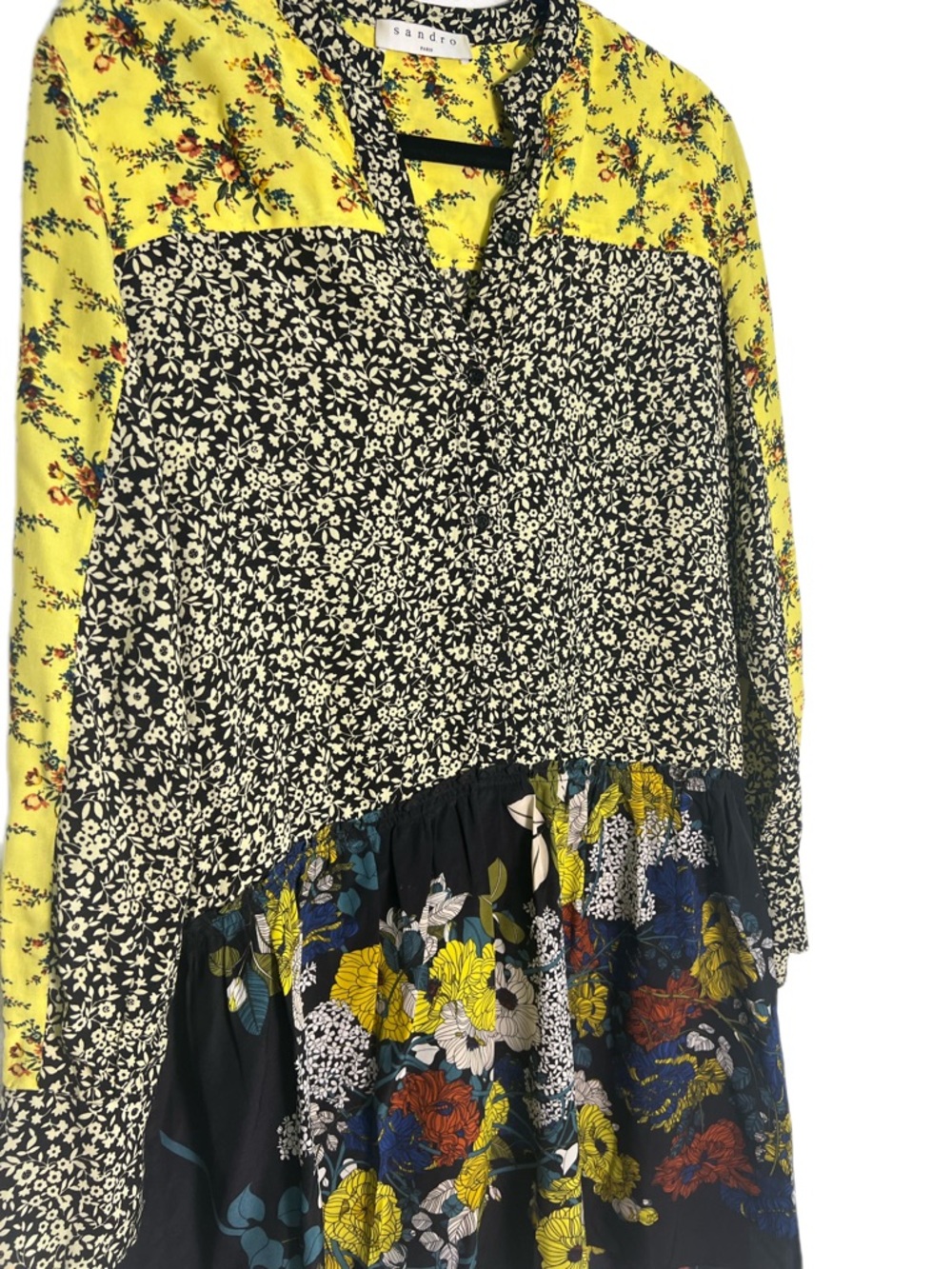 Sandro Floral Patchwork Mini Dress Yellow Black Long Sleeve Boho Size 2 - Picture 4 of 13